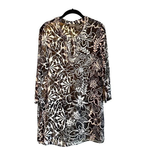 Chico's Tops - CHICO, NWOT, WOMENS SHEER TUNIC TOP WITH RHINESTONE, BEADED NECKLINE. SIZE 0